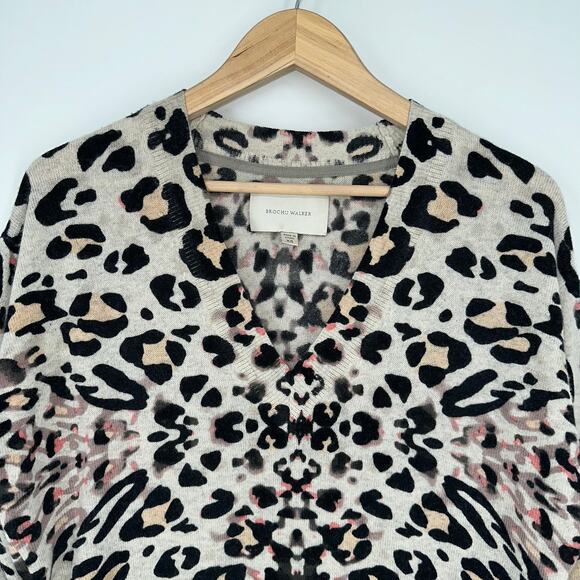 Brochu Walker 100% Cashmere Printed V-Neck Kelso Sweater Leopard Pullover - Picture 5 of 13